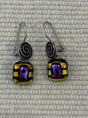 Handmade Black Glass Dangle Earrings with Purple & Gold Accents